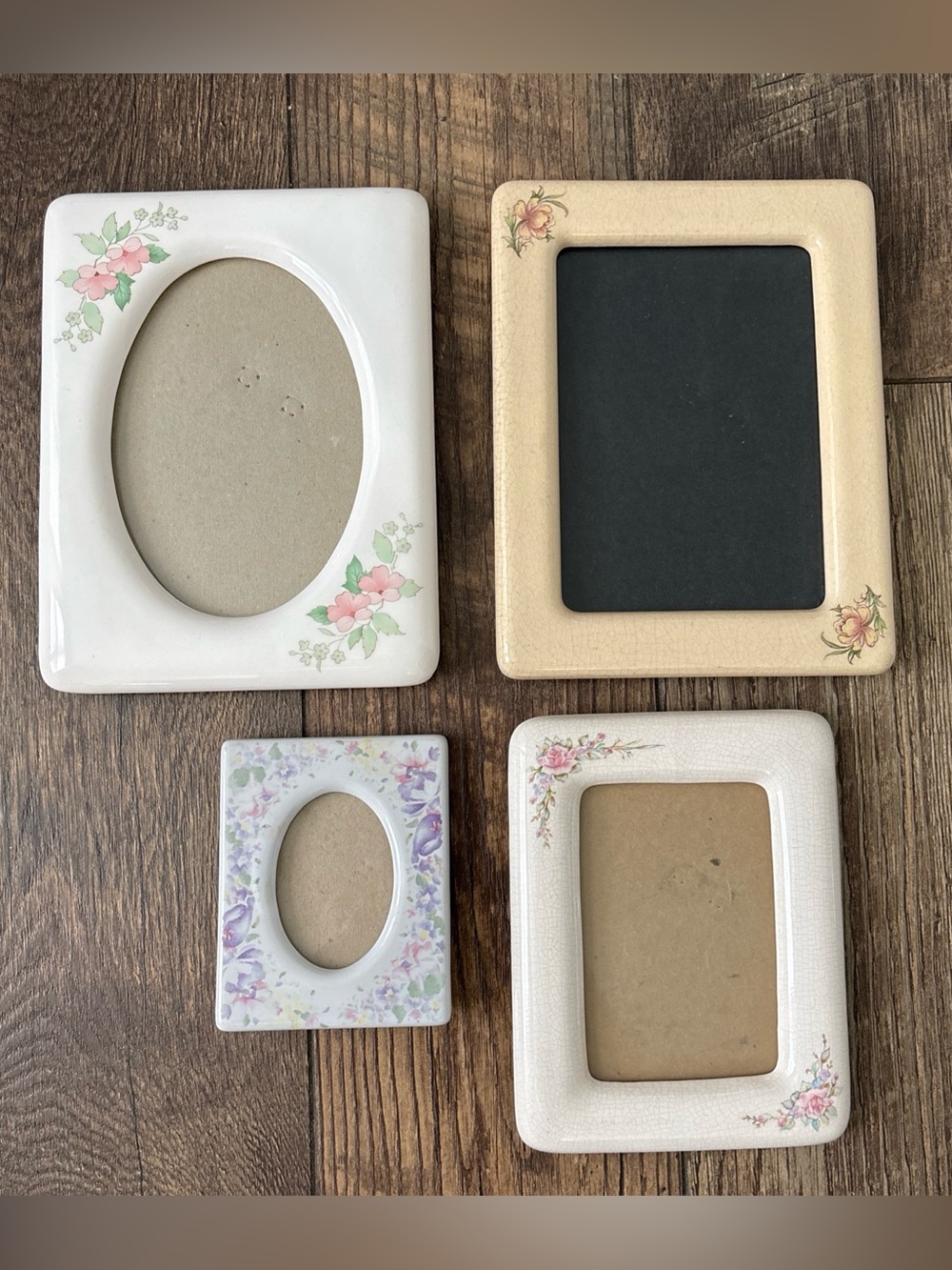 Lot of 4 Vintage Ceramic White, Beige Photo Frames, Pink White Green Flowers